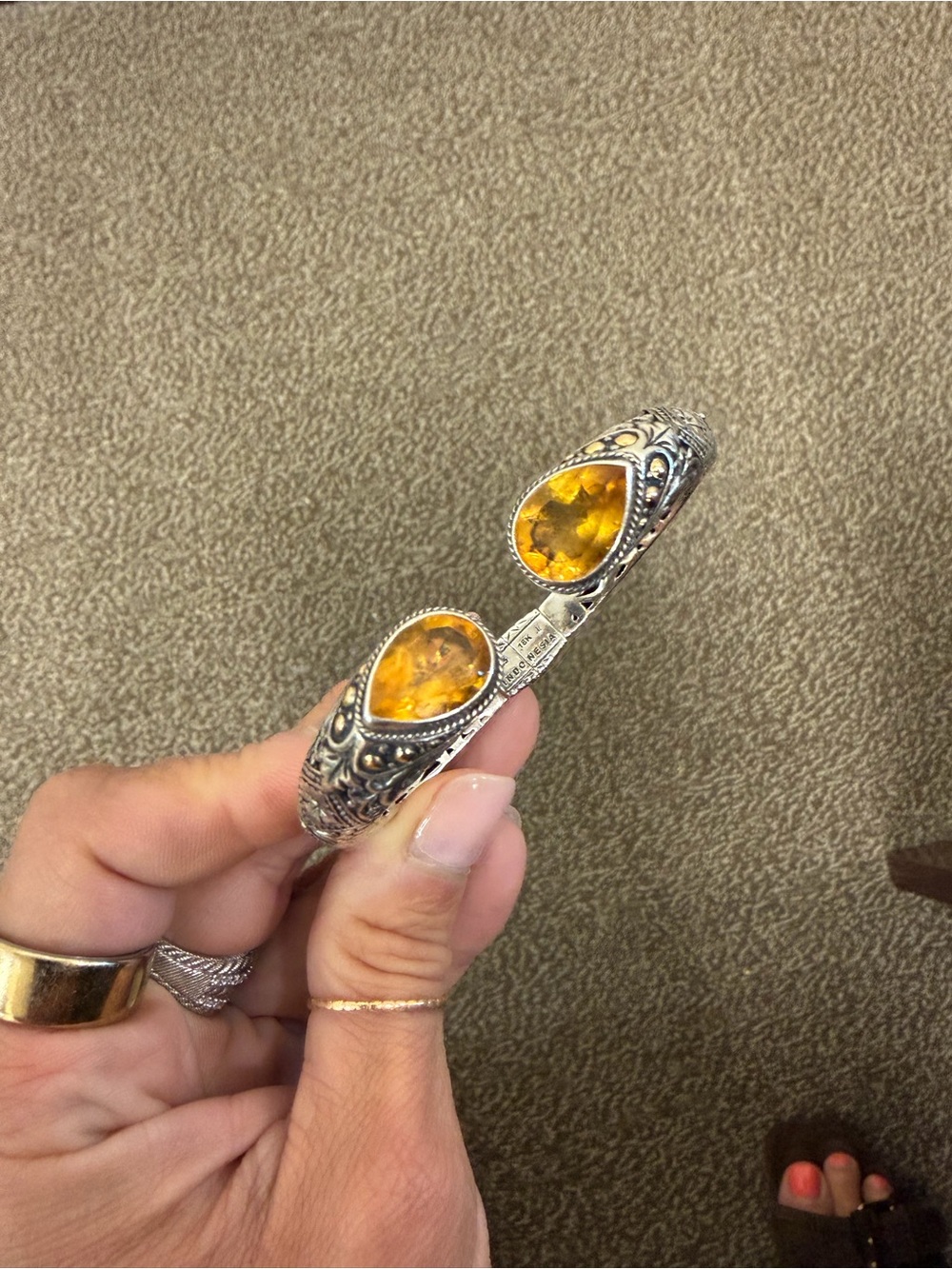 925 + 18ktgold w citrine gemstone Bali filigree hinge cuff bracelet